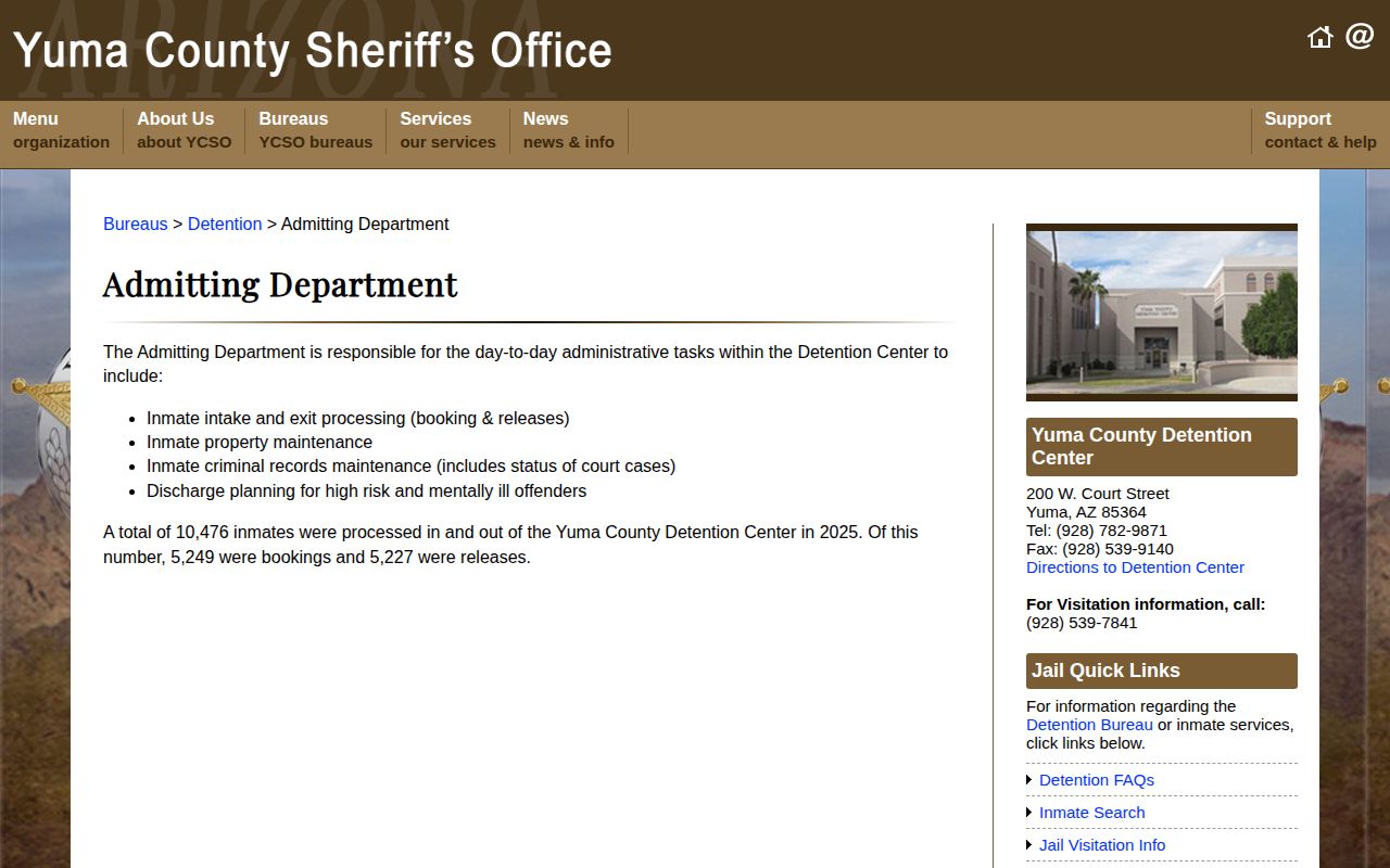 Yuma County Sheriff Detention Admitting information page