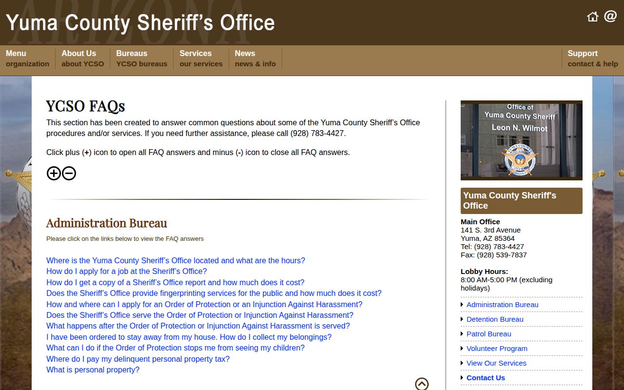Yuma County arrest and detention FAQ screen