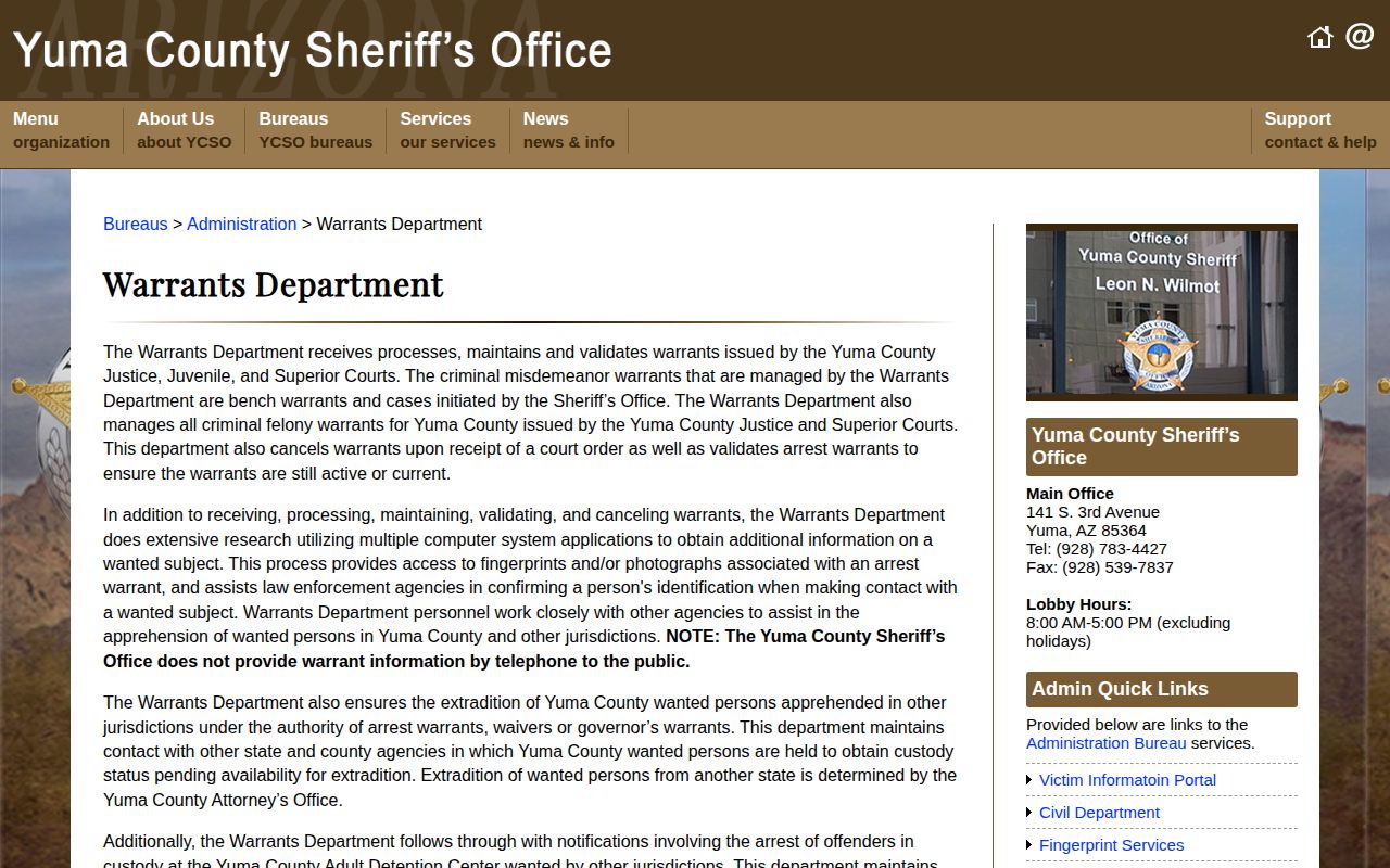 Yuma County Sheriff warrants information page