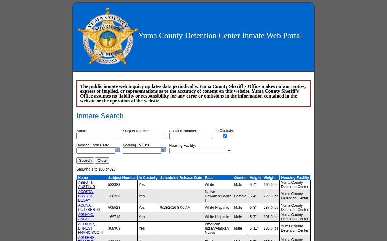 Yuma County official inmate inquiry search fields
