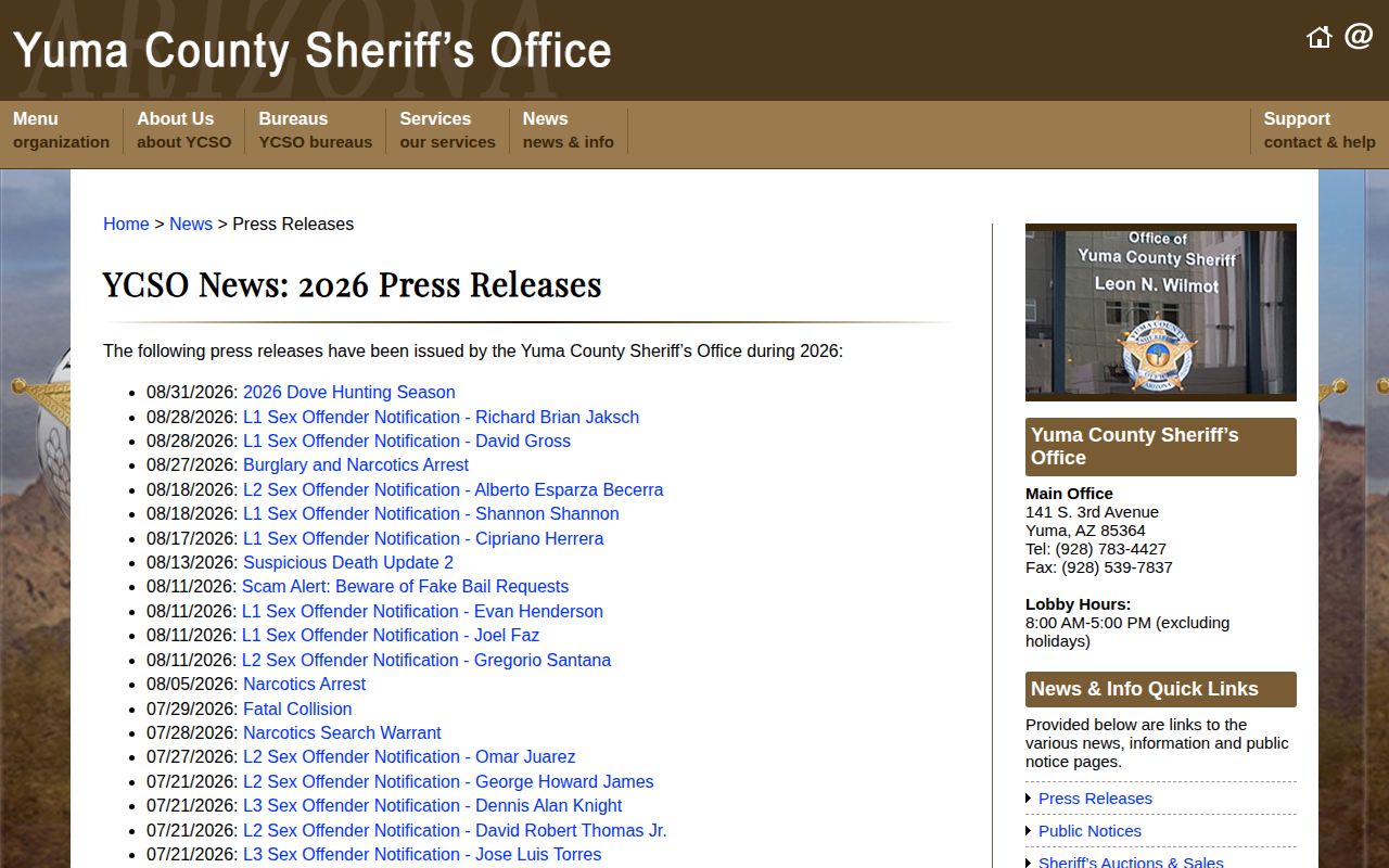 Yuma County sheriff arrest news archive
