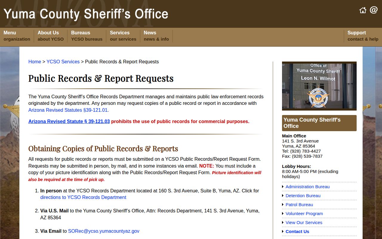 Yuma County Sheriff public records and reports page